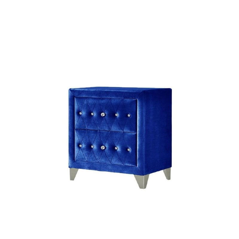 ACME Dante Crystal-Like Knob Velvet Upholstered 2-Drawer Nightstand in Blue