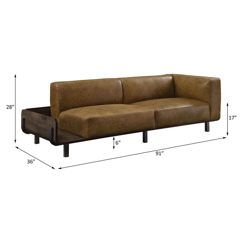 ACME Blanca Top Grain Leather Upholstery Sofa in Chestnut and Rustic Oak