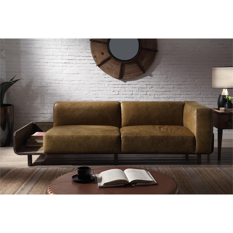 ACME Blanca Top Grain Leather Upholstery Sofa in Chestnut and Rustic Oak