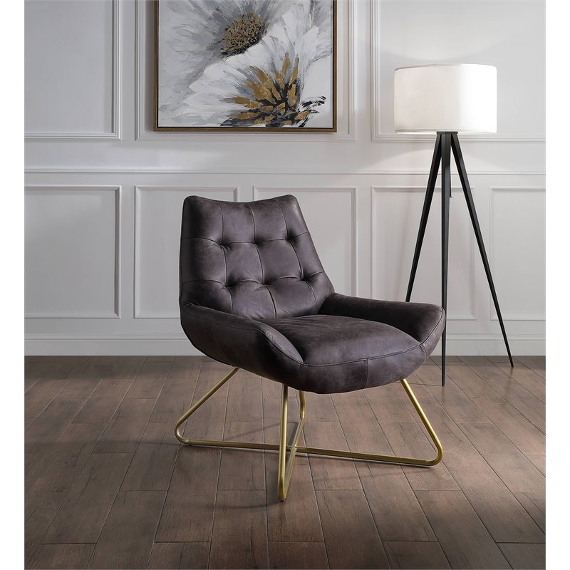 ACME Dhalsim Button Tufted Top Grain Leather  Accent Chair in Antique Ebony