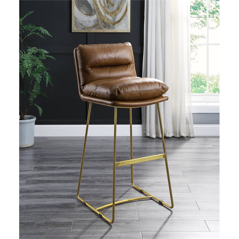 ACME Alsey Top Grain Leather Upholstery Armless Bar Stool in Saddle Brown