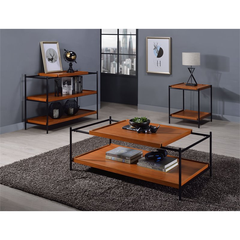 ACME Oaken Rectangular Wooden Coffee Table with Shelf in Honey Oak and Black
