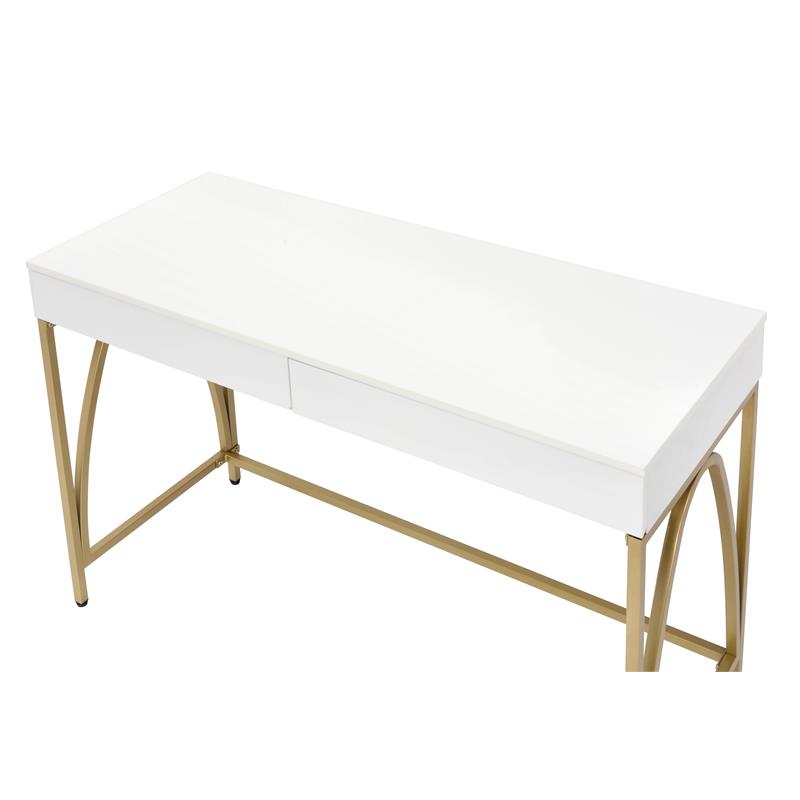 ACME Lightmane Wooden Top Writing Desk in White High Gloss and Gold