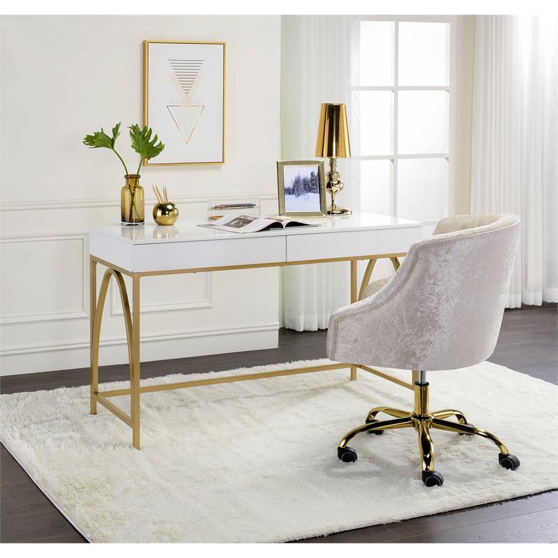 ACME Lightmane Wooden Top Writing Desk in White High Gloss and Gold