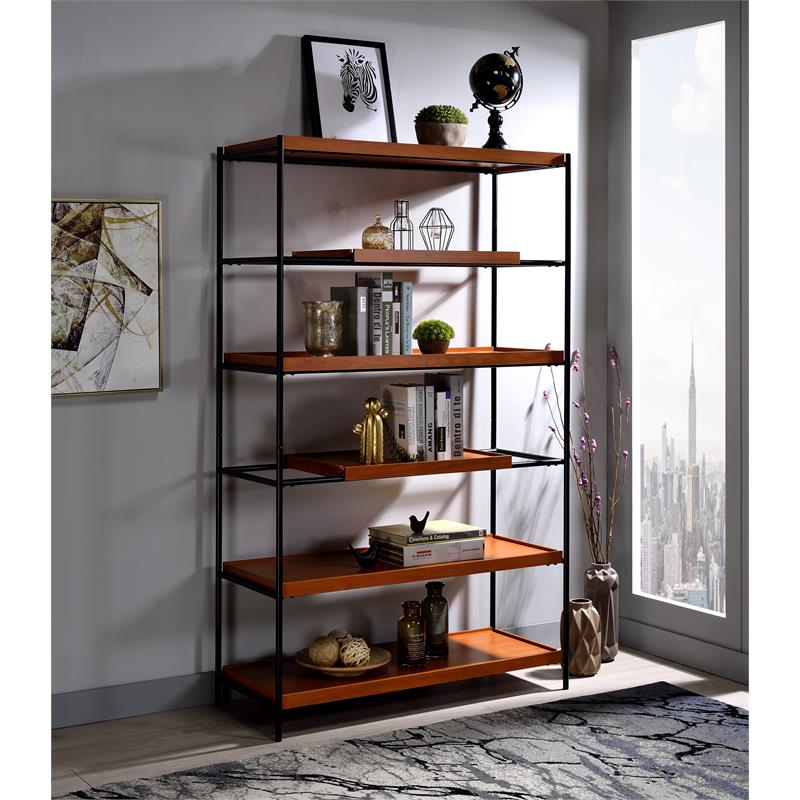 ACME Oaken 5 Wooden Shelves Rectangular Bookshelf in Honey Oak and Black