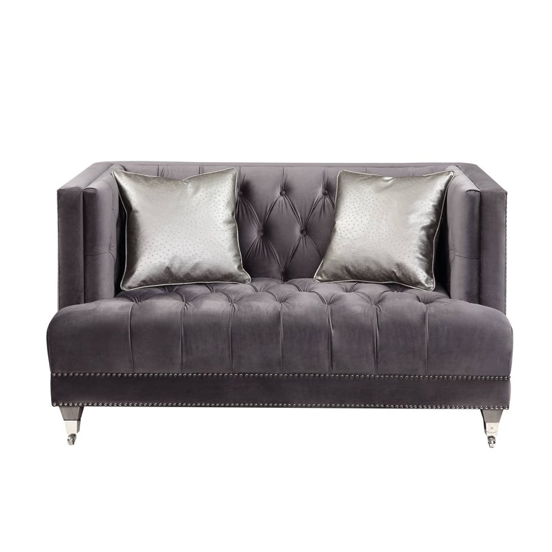 ACME Hegio Velvet Tufted Nail-head Trim Loveseat with 2 Pillows in Gray