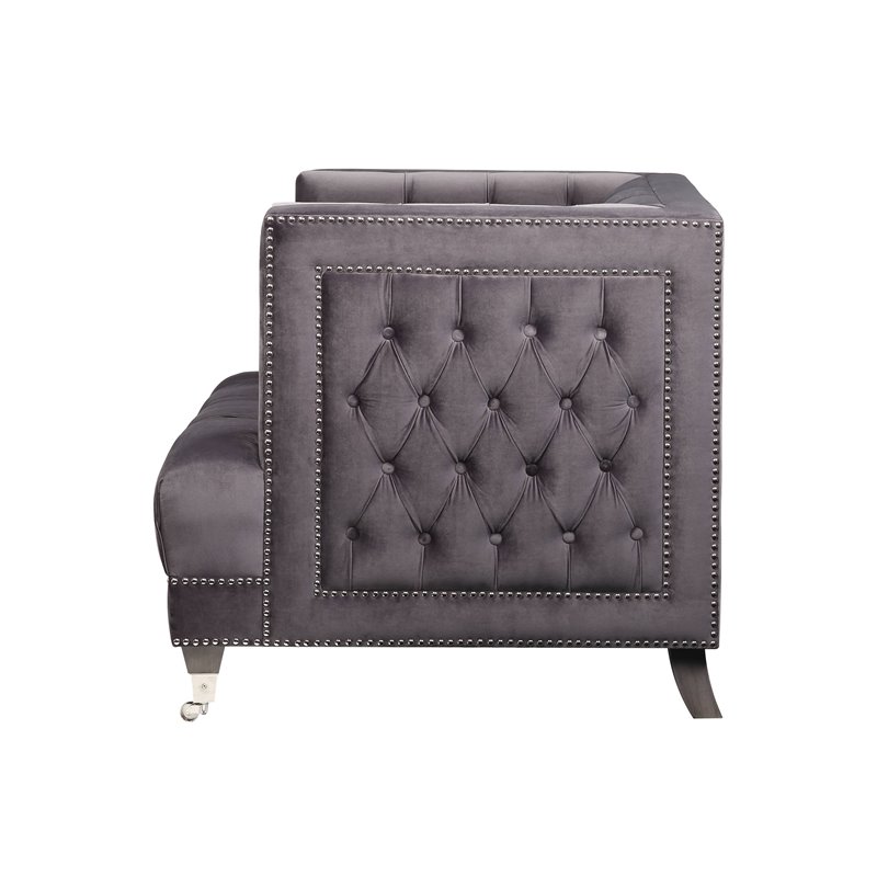 ACME Hegio Velvet Tufted Nail-head Trim Loveseat with 2 Pillows in Gray