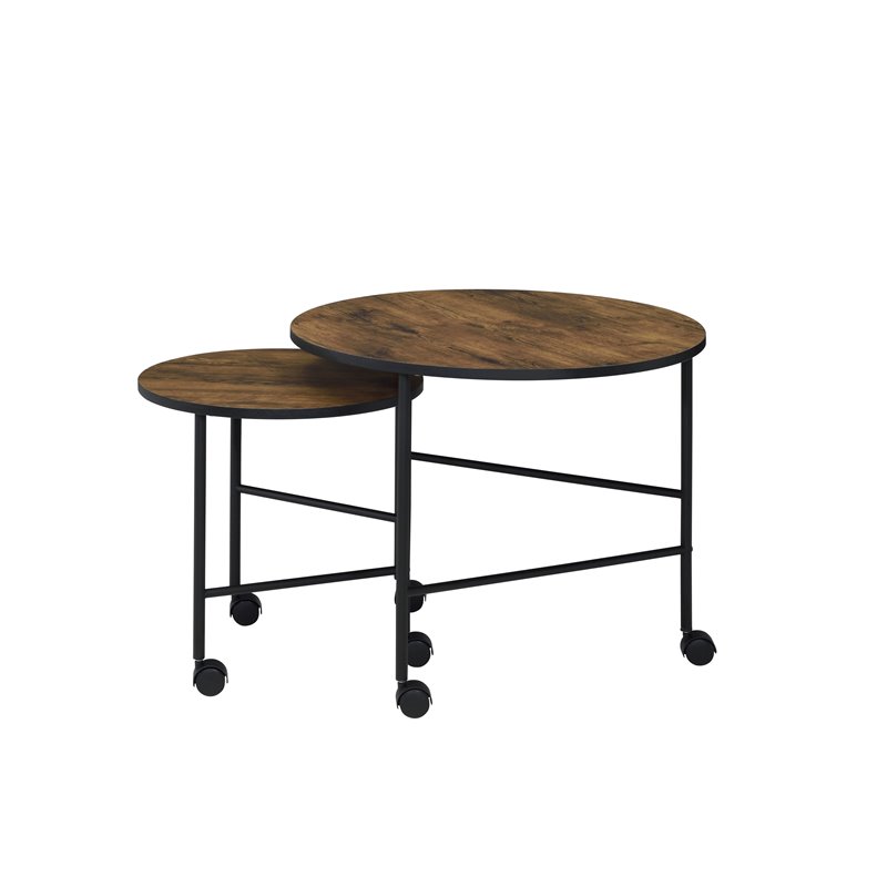 ACME Oblis 2-Piece Round Wooden Top Nesting Tables in Vintage Oak