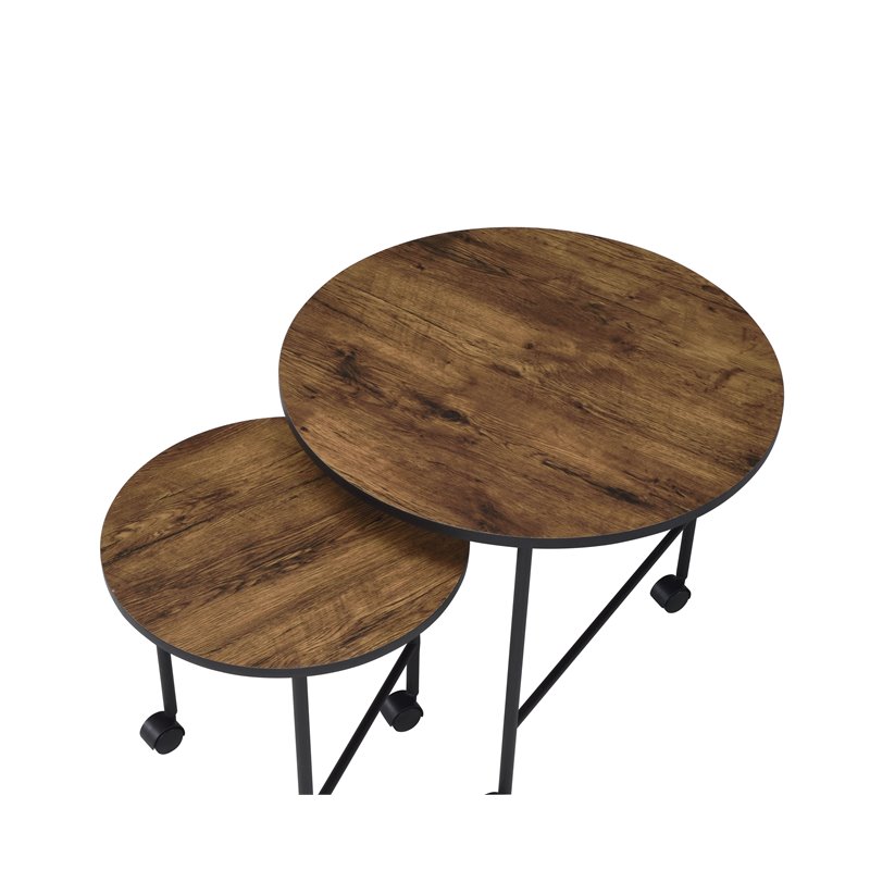 ACME Oblis 2-Piece Round Wooden Top Nesting Tables in Vintage Oak
