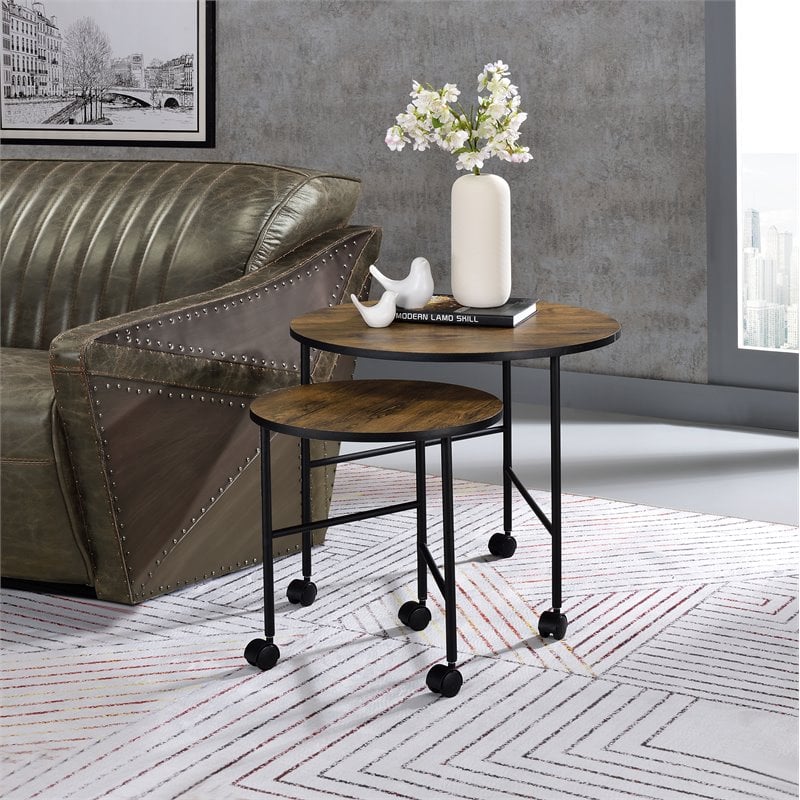 ACME Oblis 2-Piece Round Wooden Top Nesting Tables in Vintage Oak