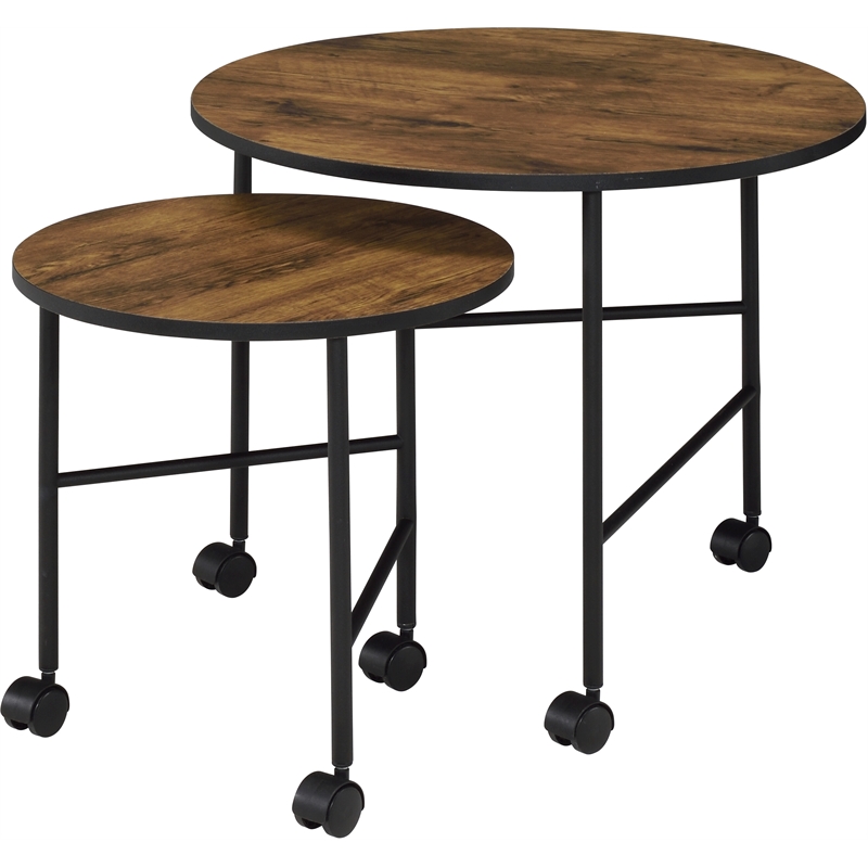 ACME Oblis 2-Piece Round Wooden Top Nesting Tables in Vintage Oak