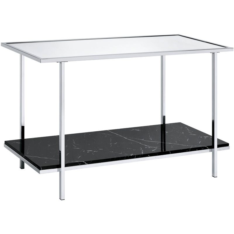 ACME Angwin Metal Frame Console Table in Mirrored and Faux Marble and Chrome
