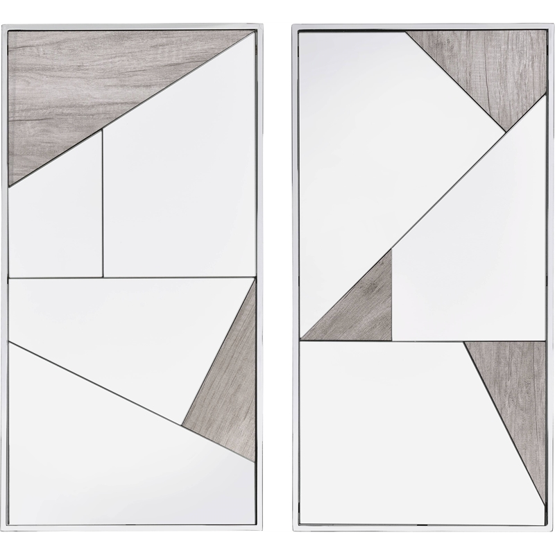 ACME Chafik Metal Frame Wall Accent Mirrors in Chrome and Natural Oak (Set of 2)