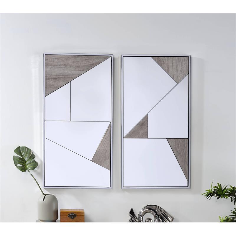 ACME Chafik Metal Frame Wall Accent Mirrors in Chrome and Natural Oak (Set of 2)