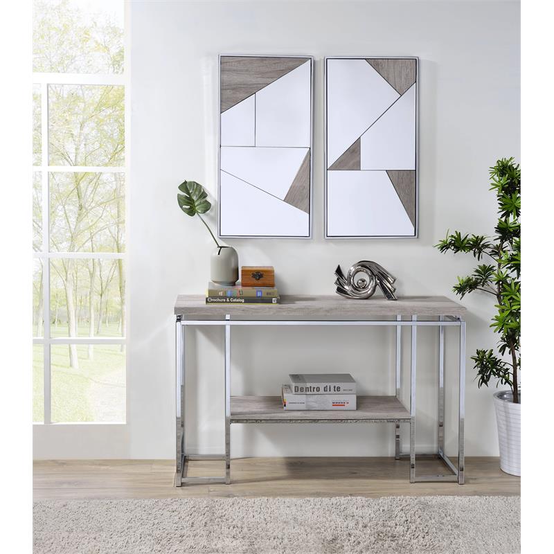 ACME Chafik Metal Frame Wall Accent Mirrors in Chrome and Natural Oak (Set of 2)