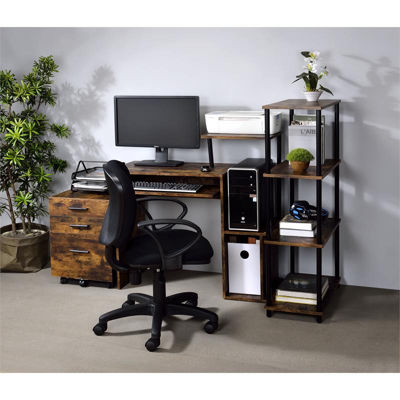 ACME Lyphre Wooden Top Computer Desk in Weathered Oak and Black