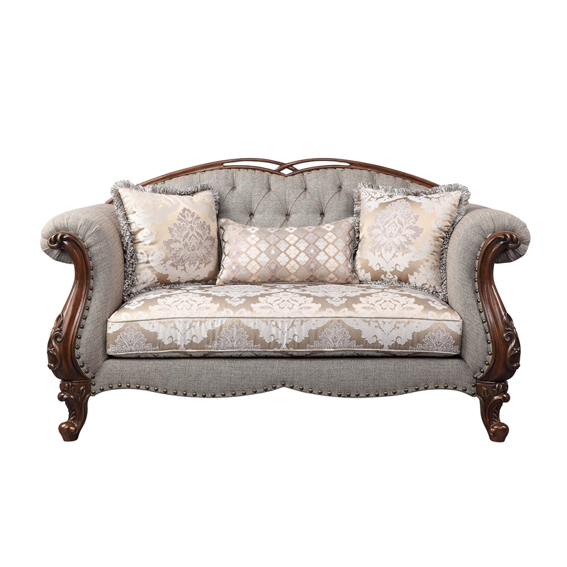 ACME Miyeon Loveseat with 3 Pillows in Gray Fabric and Cherry