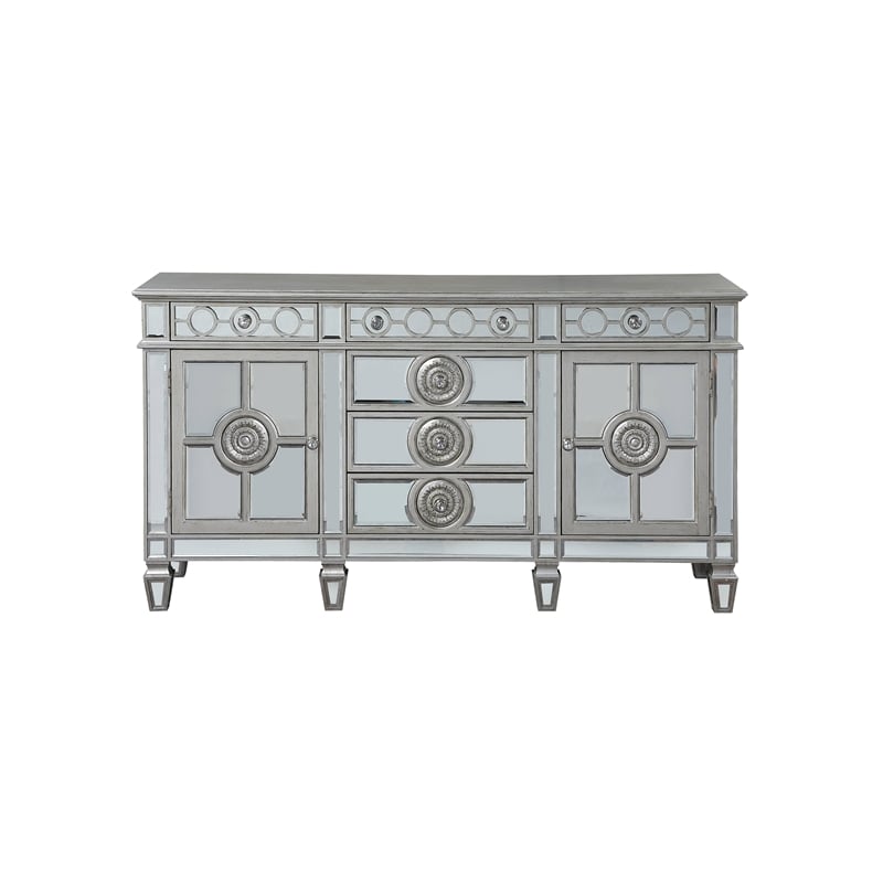 ACME Varian 6-Drawer Wooden Server with 2 Doors in Mirrored and Antique Platinum
