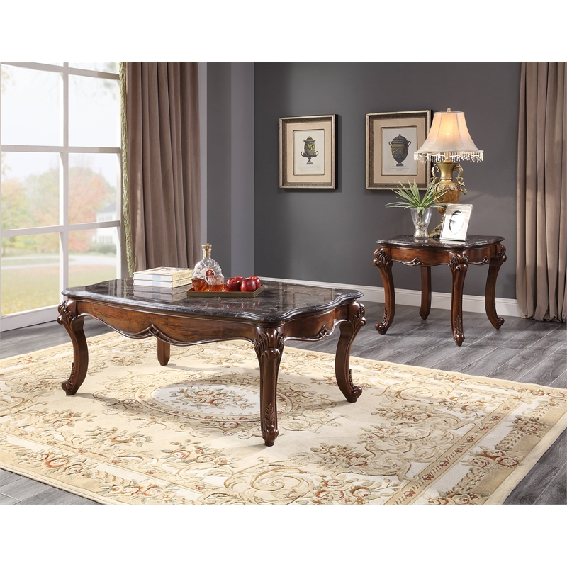 ACME Miyeon Rectangular Marble Top End Table in Marble and Cherry