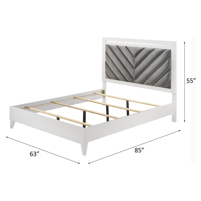 ACME Chelsie Wooden Queen Bed with Velvet Headboard in Gray and White