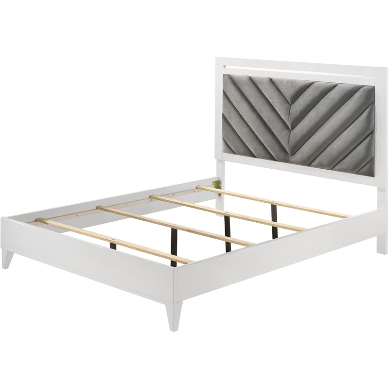 ACME Chelsie Wooden Queen Bed with Velvet Headboard in Gray and White
