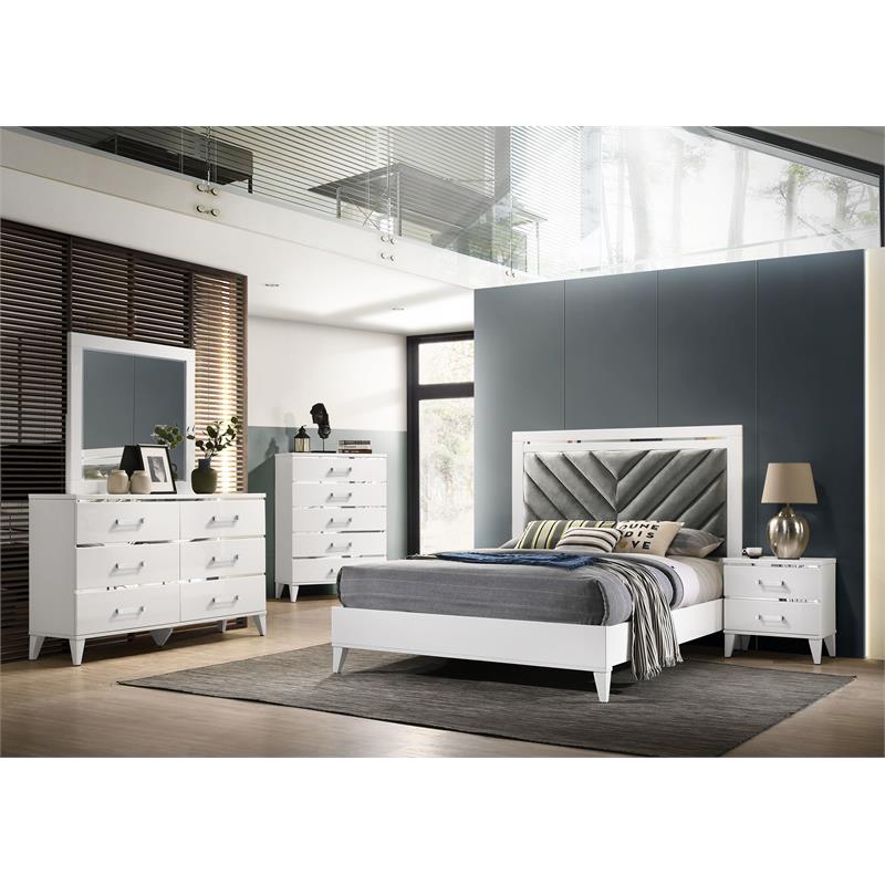 ACME Chelsie Wooden Queen Bed with Velvet Headboard in Gray and White