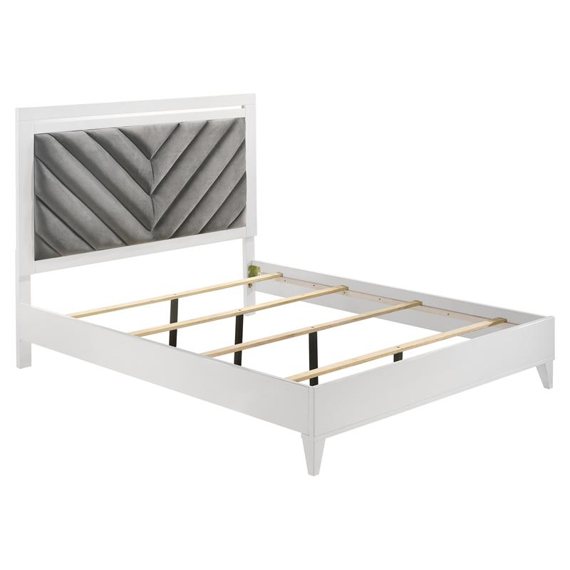 ACME Chelsie Wooden Queen Bed with Velvet Headboard in Gray and White
