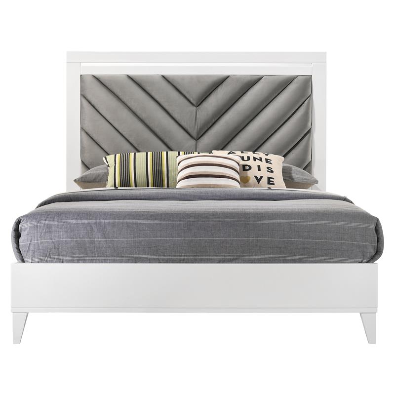 ACME Chelsie Wooden Queen Bed with Velvet Headboard in Gray and White