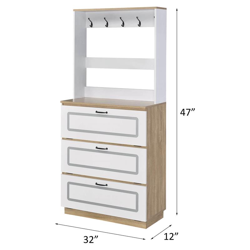 ACME Hewett Wooden Shoe Cabinet with 10 Metal Hooks in Light Oak and White