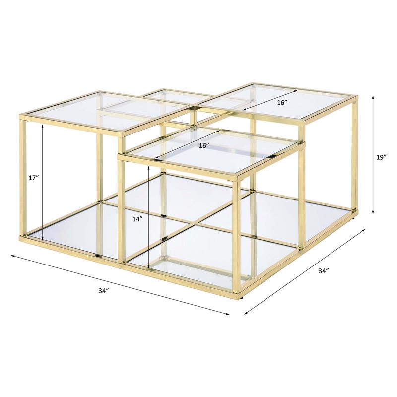 ACME Uchenna Glass Top Coffee Table with Metal Frame in Clear Glass and Gold