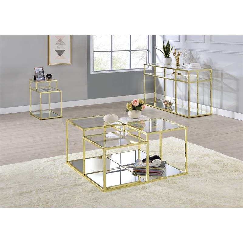 ACME Uchenna Glass Top Coffee Table with Metal Frame in Clear Glass and Gold