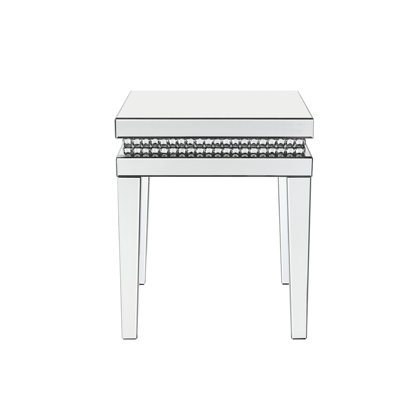 ACME Lotus Square Mirrored Top End Table in Mirrored and Faux Crystal