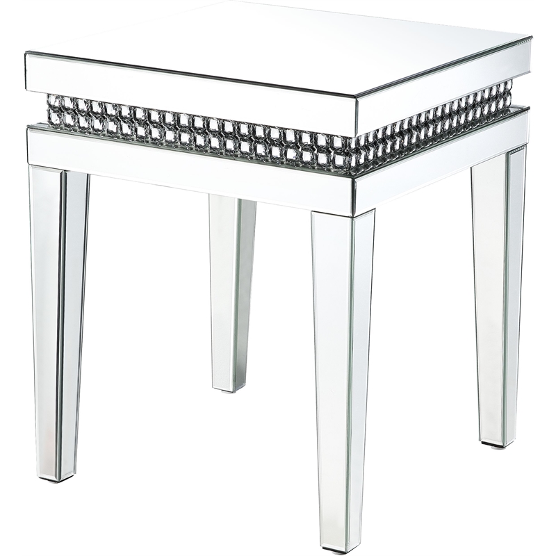 ACME Lotus Square Mirrored Top End Table in Mirrored and Faux Crystal