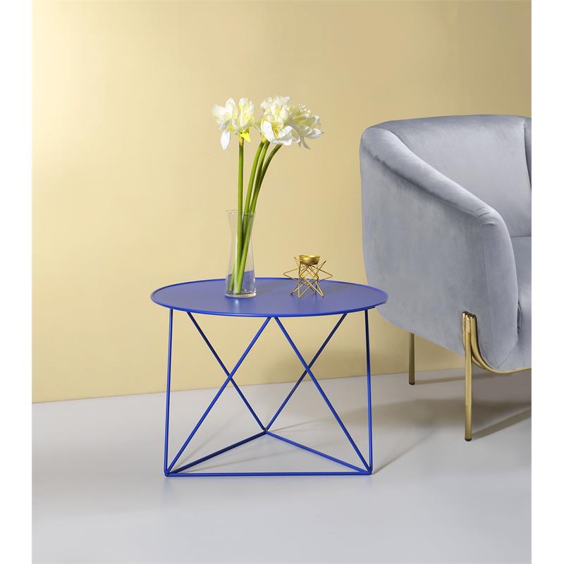 ACME Epidia Metal Accent Table with Round Top and Geometric Base in Blue