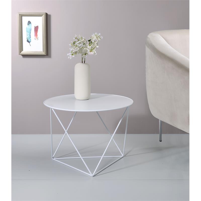 ACME Epidia Metal Accent Table with Round Top and Geometric Base in White