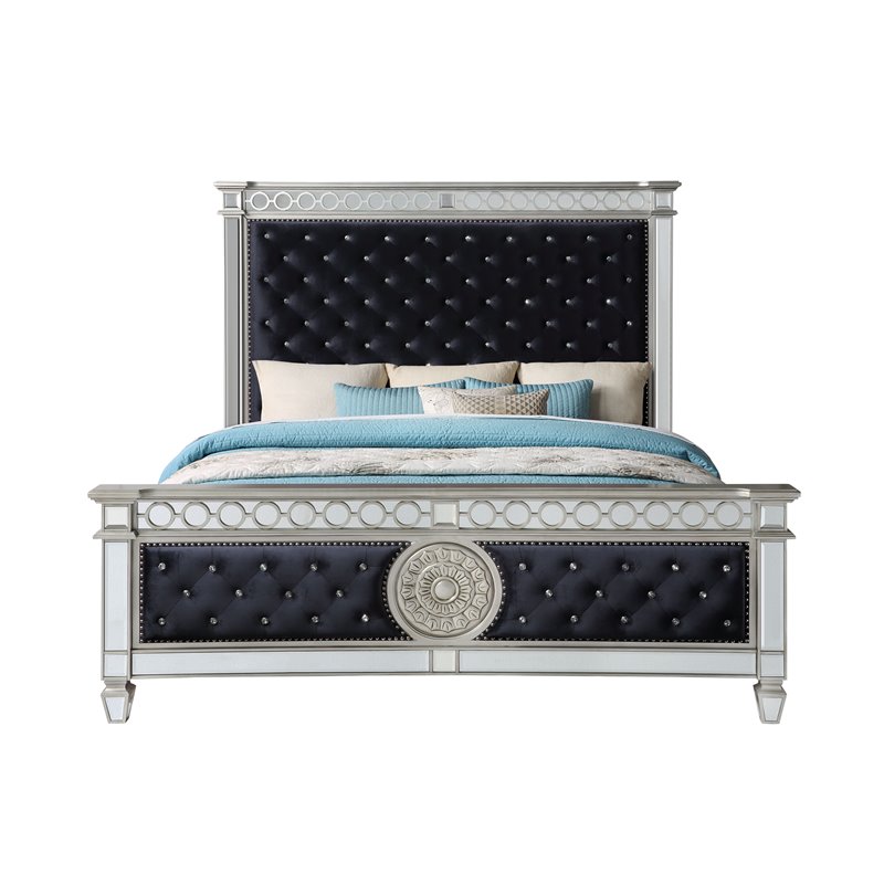 ACME Varian Tufted Upholstered Queen Bed in Black Velvet and Mirrored