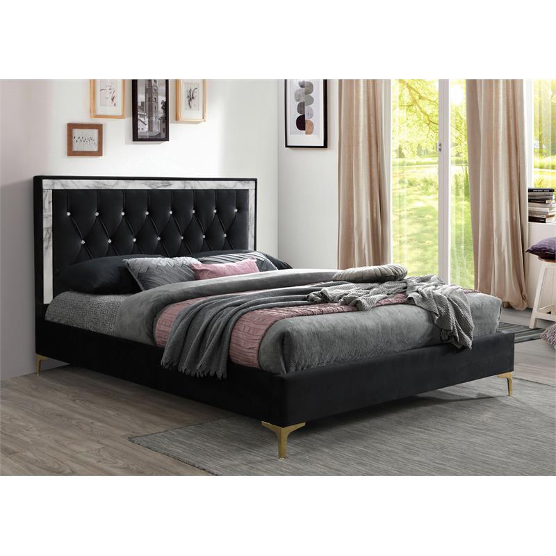 ACME Rowan Crystal-Like Tufted Fabric Queen Platform Bed in Black