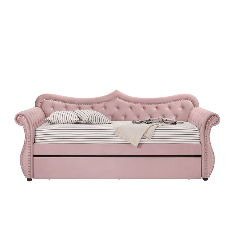 ACME Adkins Tufted Upholstered Daybed and Trundle in Pink Velvet