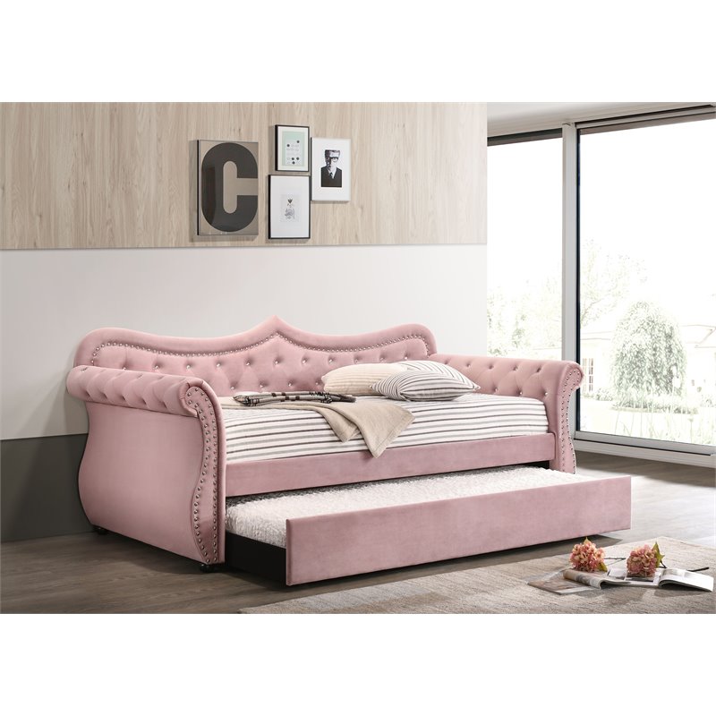 ACME Adkins Tufted Upholstered Daybed and Trundle in Pink Velvet