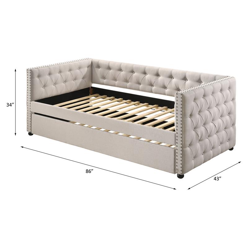 ACME Romona Button Tufted Fabric Upholstered Twin Daybed and Trundle in Beige