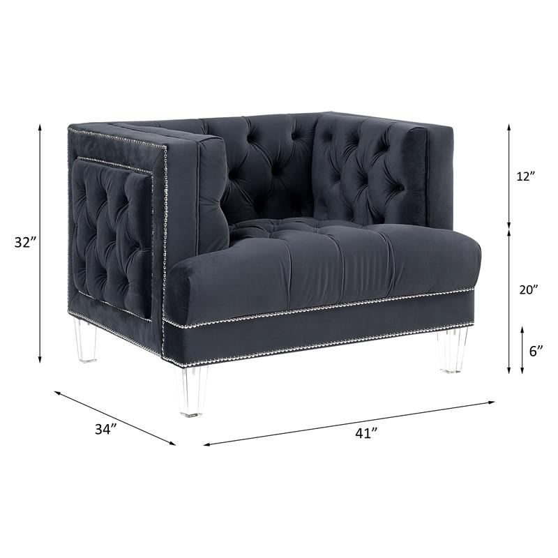 acme ansario button tufted velvet upholstery chair in charcoal