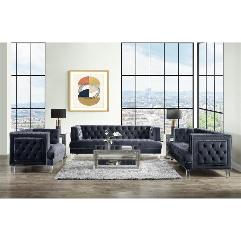acme ansario button tufted velvet upholstery chair in charcoal