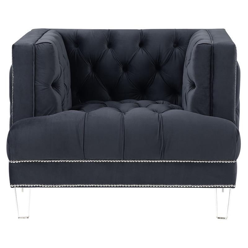 acme ansario button tufted velvet upholstery chair in charcoal