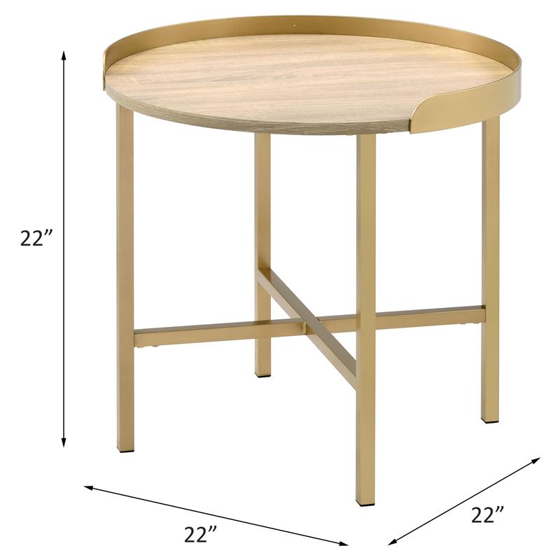 ACME Mithea Round Wooden Top End Table with Cross Bar Base in Oak and Gold