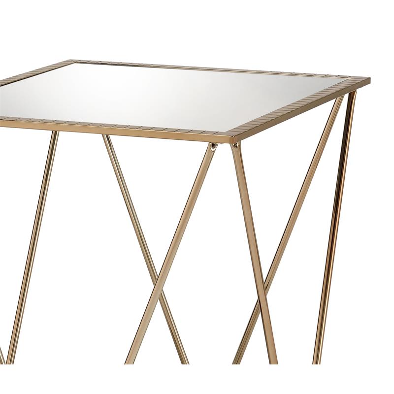 acme fogya square glass top end table in mirrored and champagne gold