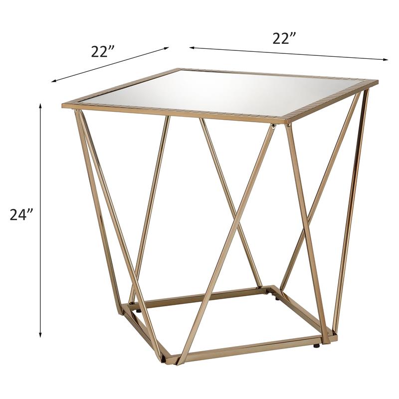 acme fogya square glass top end table in mirrored and champagne gold