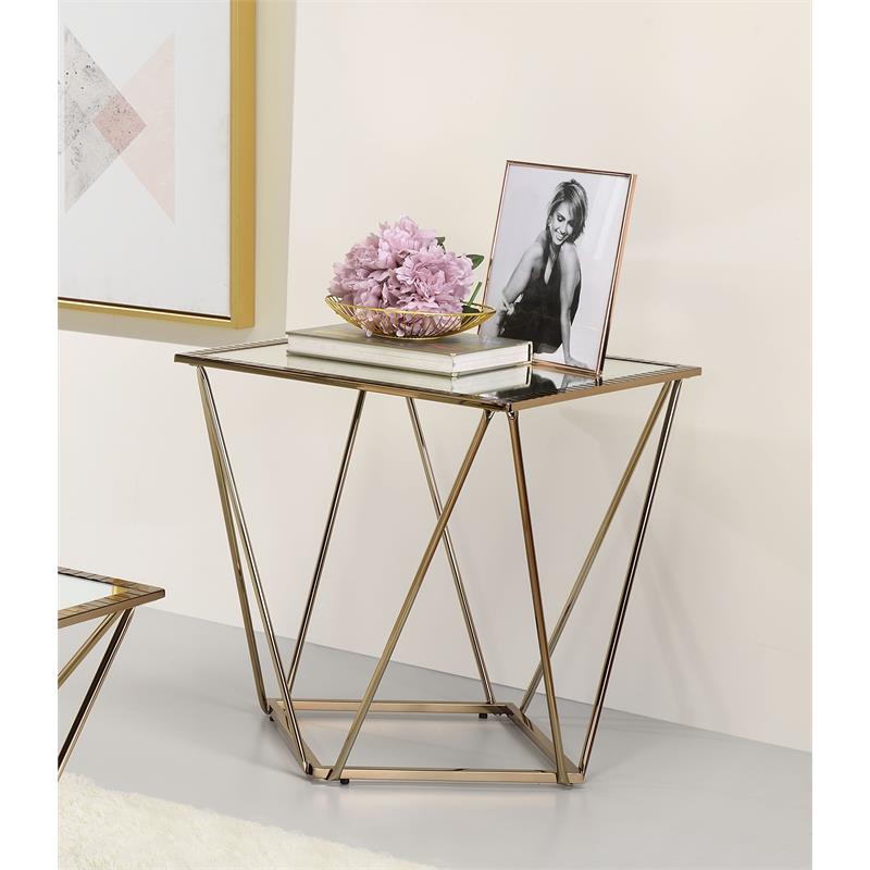 acme fogya square glass top end table in mirrored and champagne gold
