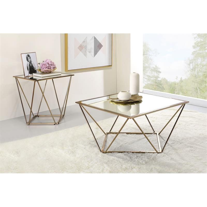 acme fogya square glass top end table in mirrored and champagne gold