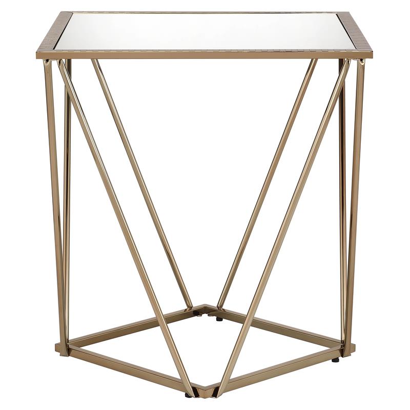 acme fogya square glass top end table in mirrored and champagne gold
