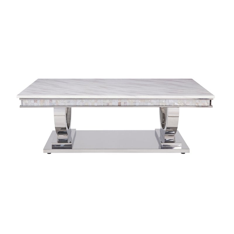 ACME Zander Coffee Table in White Printed Faux Marble and Mirrored Silver Finish